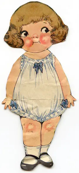 A vintage 1922 paper doll named 'Dolly Dingle,' shown cut out in her underclothes ready for paper outfits