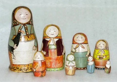 The first Russian matryoshka nesting doll, opened to show the smaller dolls inside